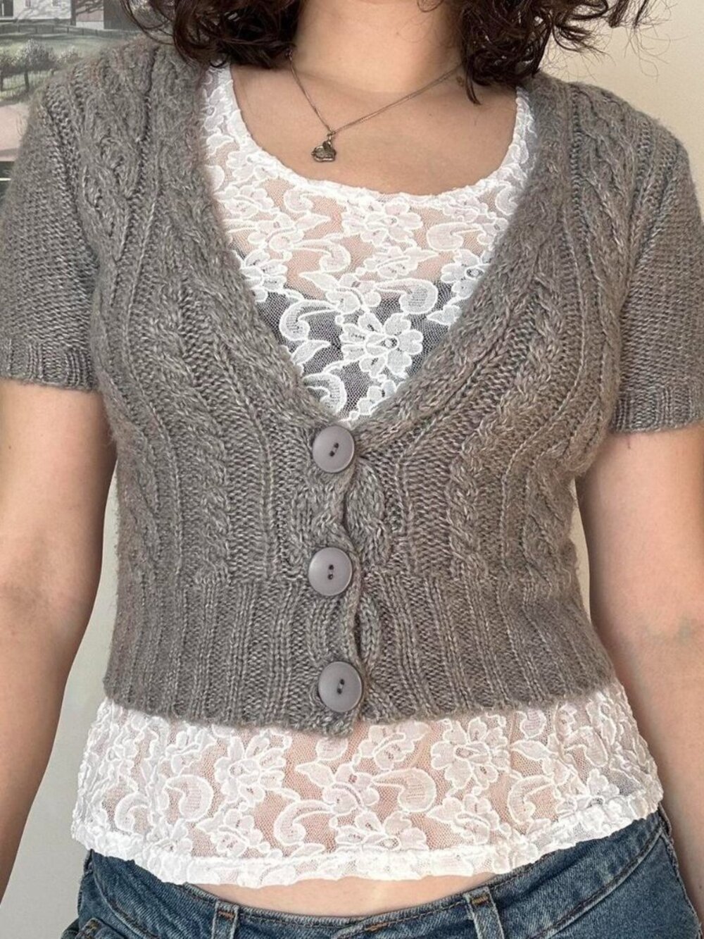 Suzy Shier Grey Cropped Knit Cardigan
